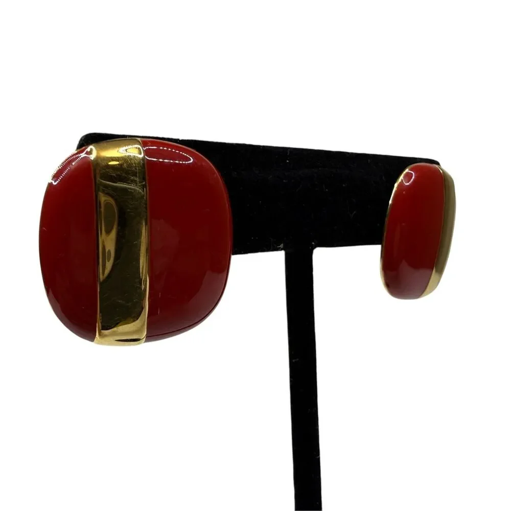 VTG Monet Red Enamel Gold Tone Stripe Square Cushion Stud Earrings Jewelry 1